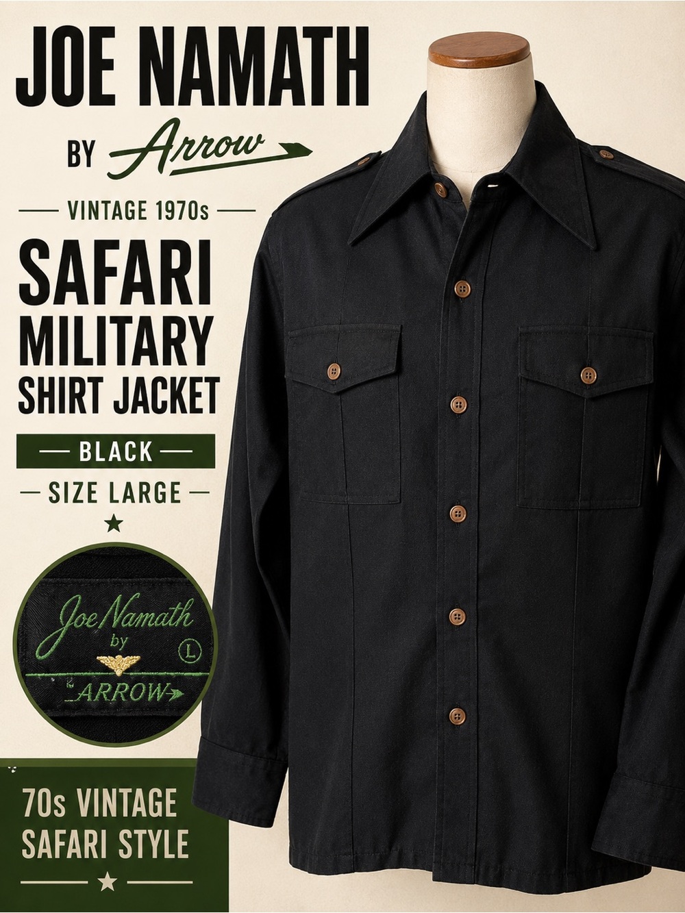 Vintage 70s Joe Namath by Arrow Black Safari Utility Overshirt Jacket